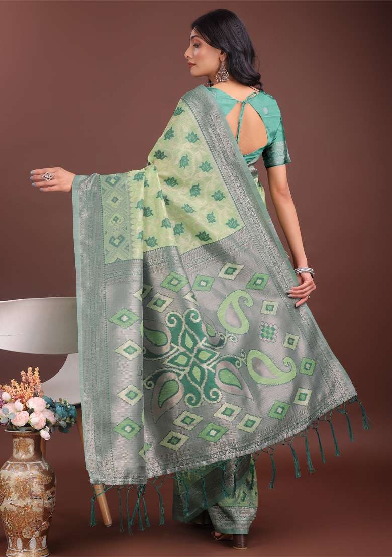 Light Green Zari Work Cotton Blend Saree Set - Indya