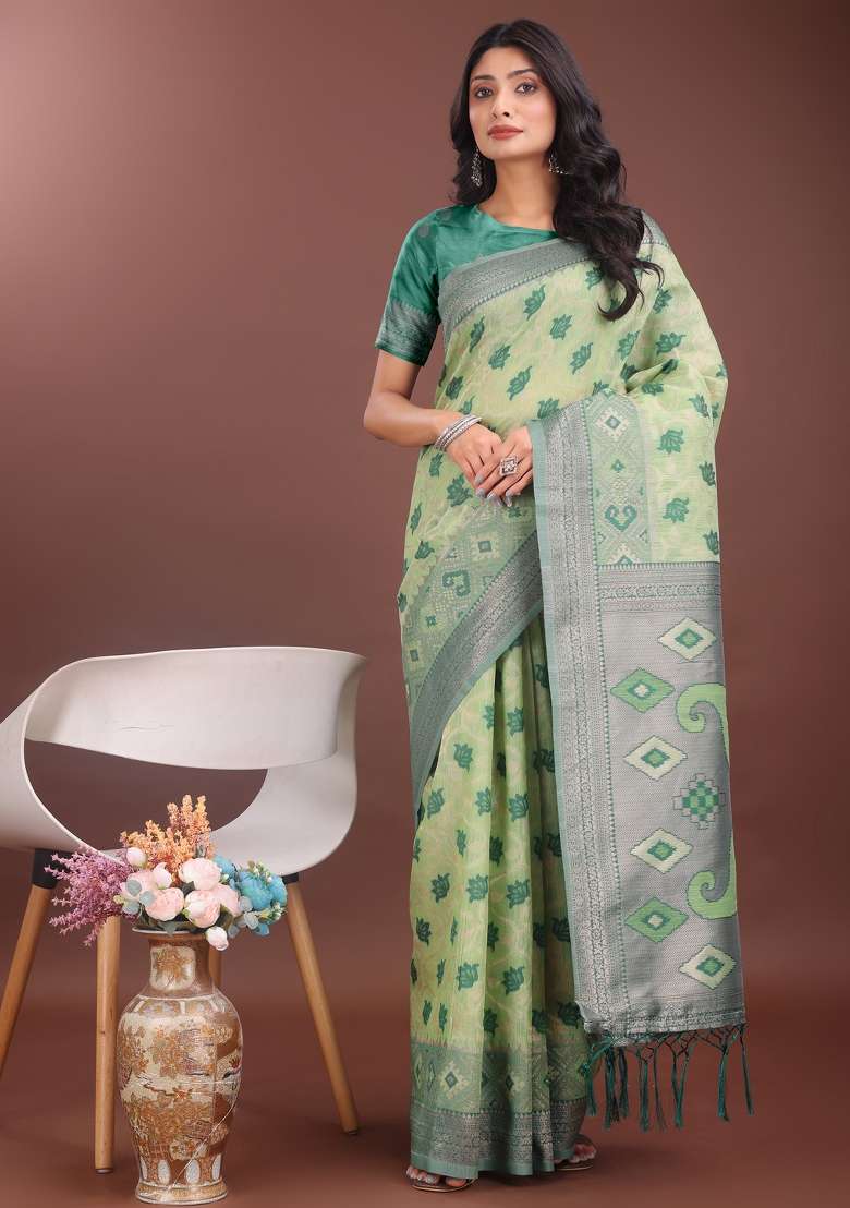 Light Green Zari Work Cotton Blend Saree Set - Indya