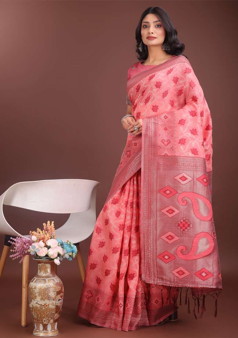 Peach Zari Work Cotton Blend Saree Set - Indya
