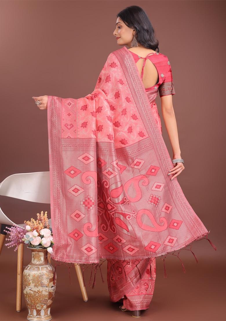 Peach Zari Work Cotton Blend Saree Set