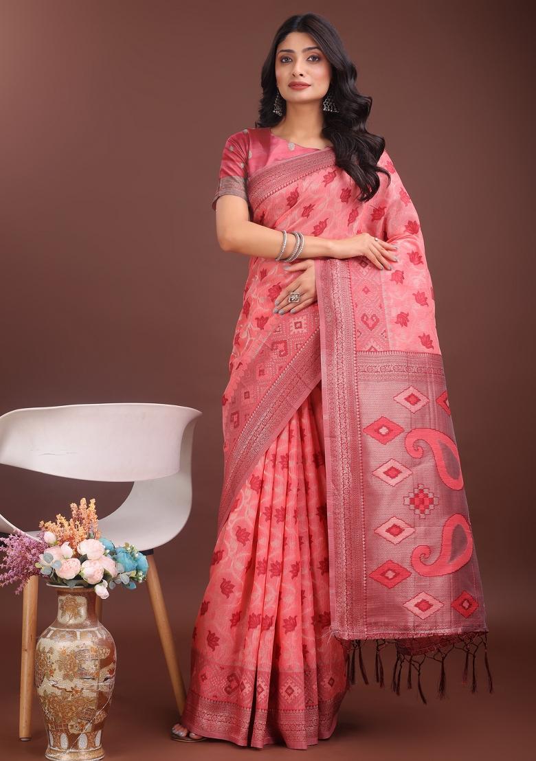 Peach Zari Work Cotton Blend Saree Set