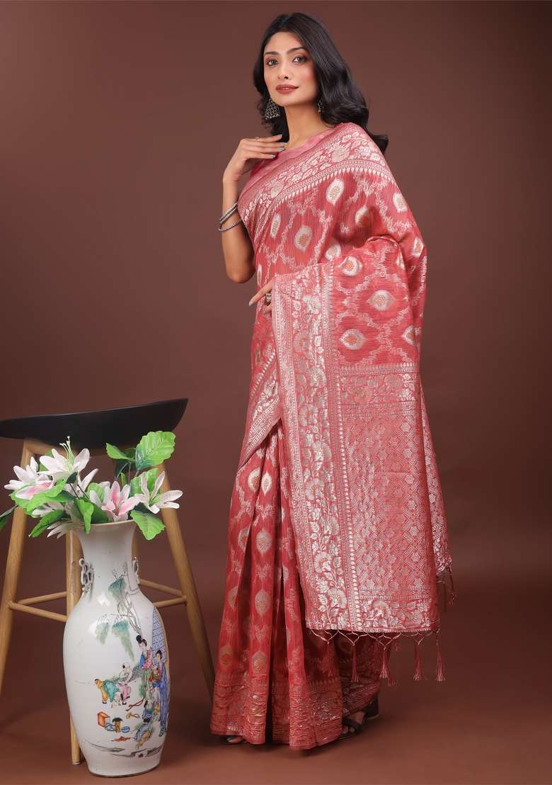 Peach Zari Work Cotton Blend Saree Set - Indya