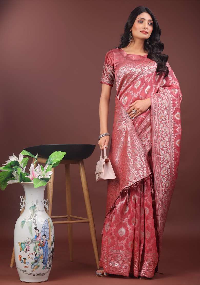 Peach Zari Work Cotton Blend Saree Set - Indya