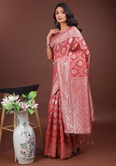 Peach Zari Work Cotton Blend Saree Set