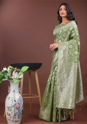 Light Green Zari Work Cotton Blend Saree Set