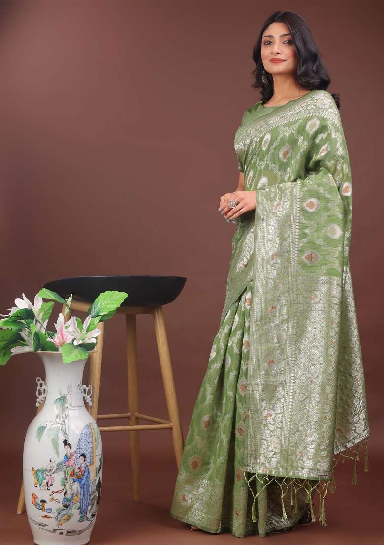Light Green Zari Work Cotton Blend Saree Set - Indya