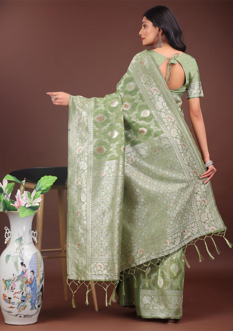 Light Green Zari Work Cotton Blend Saree Set