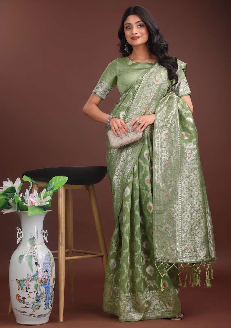 Light Green Zari Work Cotton Blend Saree Set - Indya