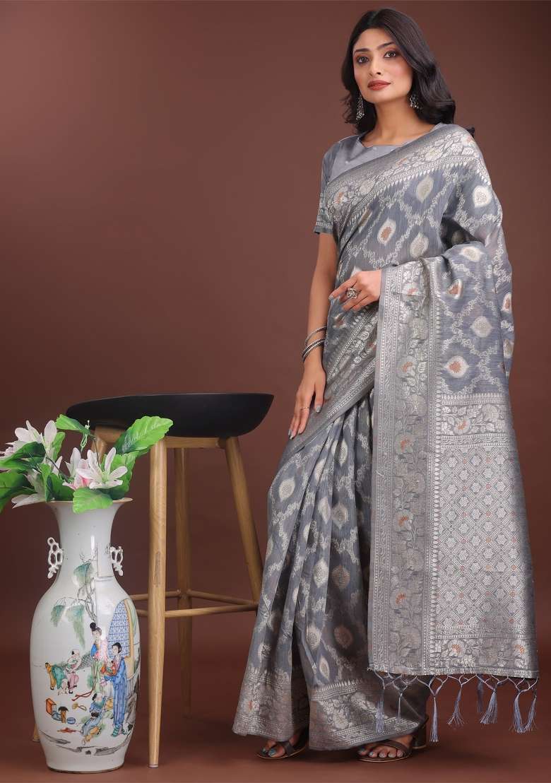Grey Zari Work Cotton Blend Saree Set - Indya