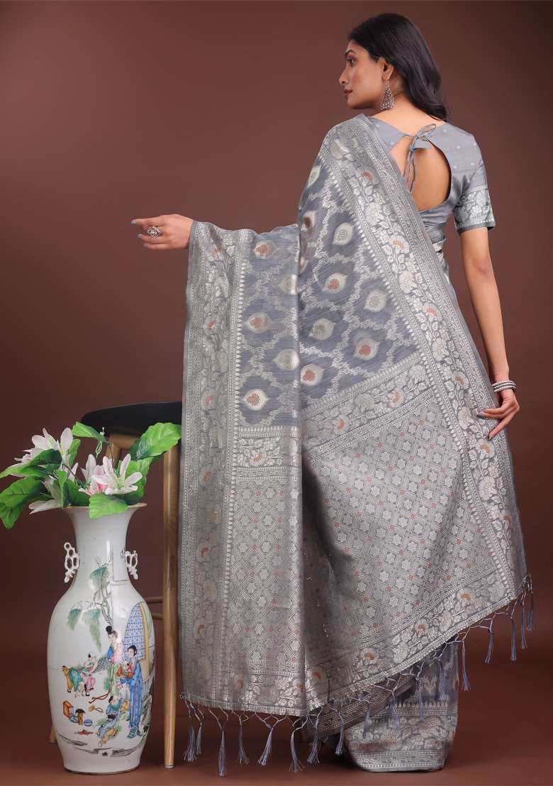 Grey Zari Work Cotton Blend Saree Set - Indya