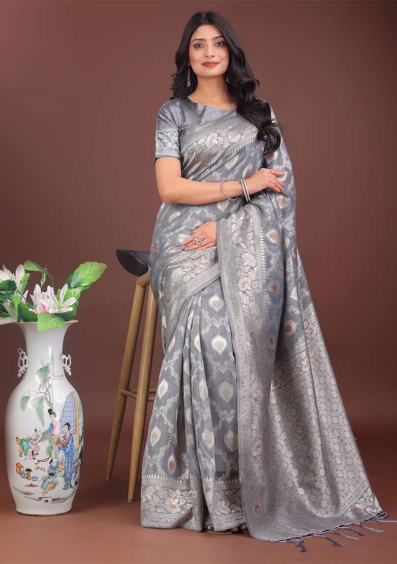 Grey Zari Work Cotton Blend Saree Set - Indya