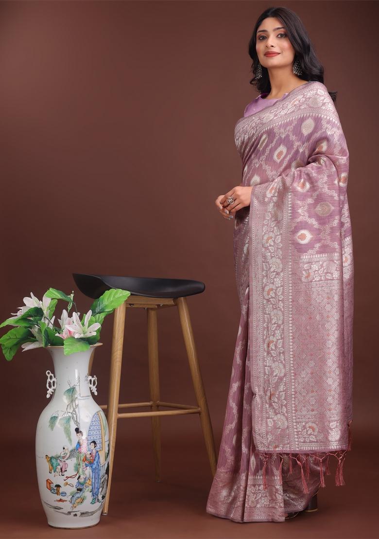 Purple Zari Work Cotton Blend Saree Set