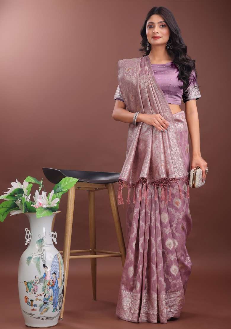 Purple Zari Work Cotton Blend Saree Set - Indya