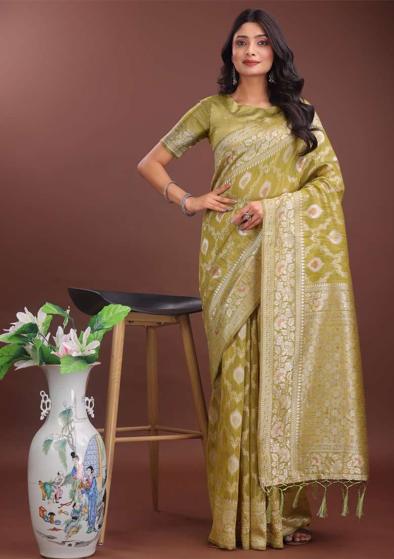 Mustard Yellow Zari Work Cotton Blend Saree Set - Indya