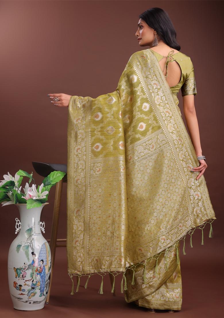Mustard Yellow Zari Work Cotton Blend Saree Set