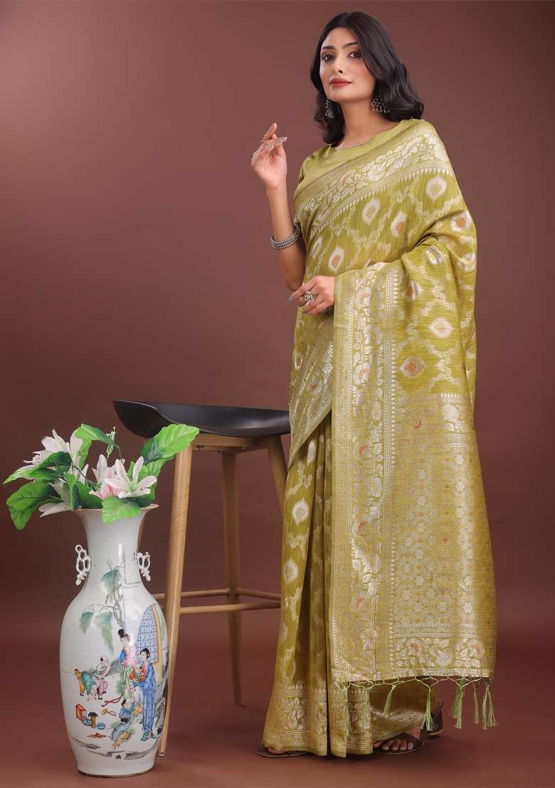 Mustard Yellow Zari Work Cotton Blend Saree Set - Indya