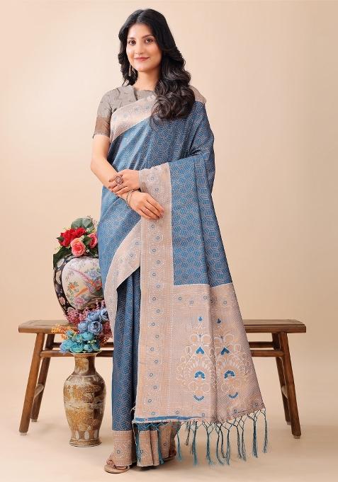 Blue Zari Work Silk Saree Set