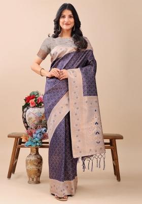 Navy Blue Zari Work Silk Saree Set