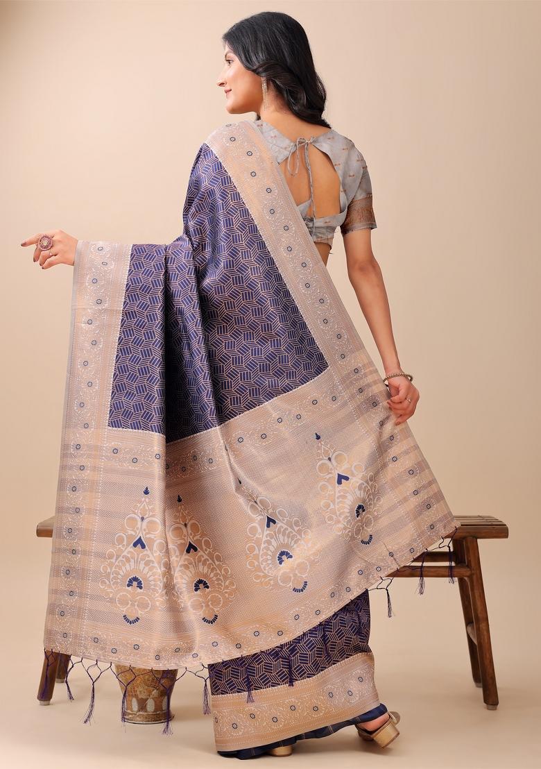 Navy Blue Zari Work Silk Saree Set