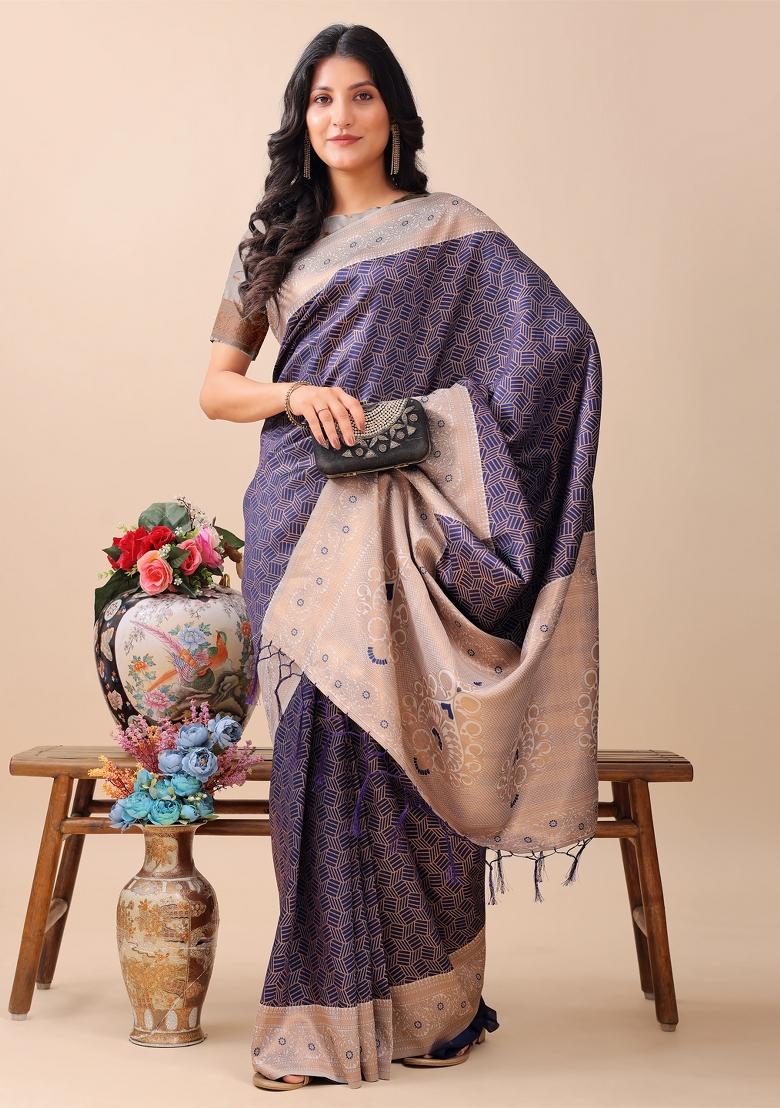 Navy Blue Zari Work Silk Saree Set