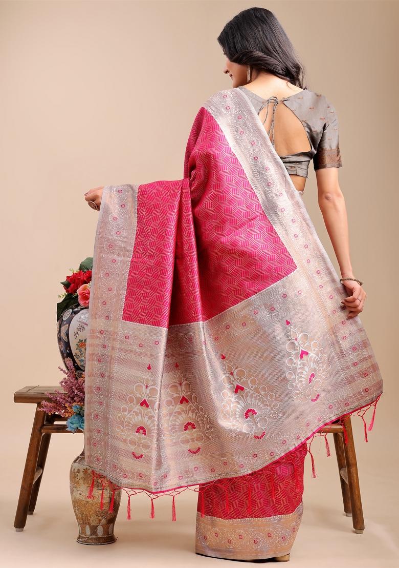 Pink Zari Work Silk Saree Set