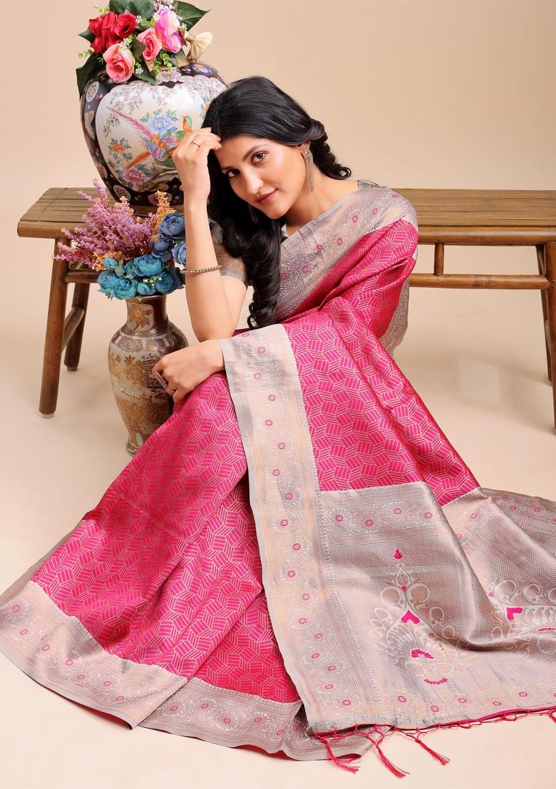 Pink Zari Work Silk Saree Set