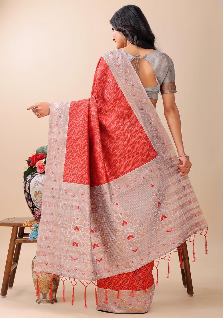 Red Zari Work Silk Saree Set