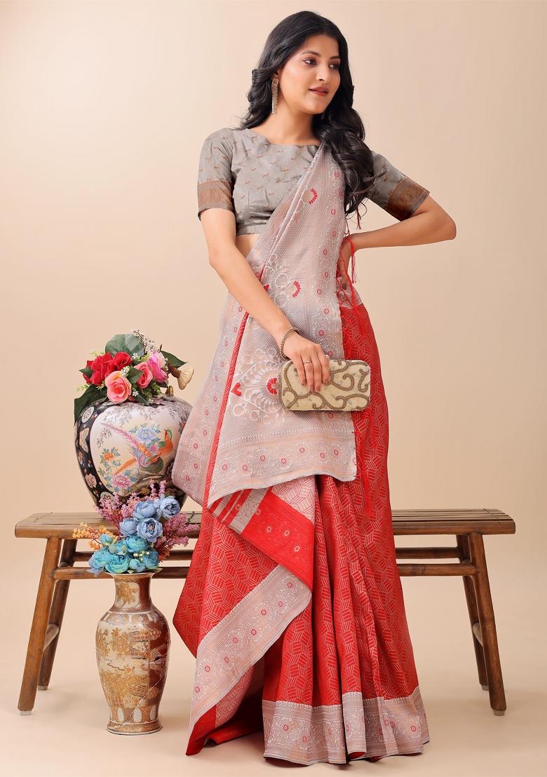 Red Zari Work Silk Saree Set