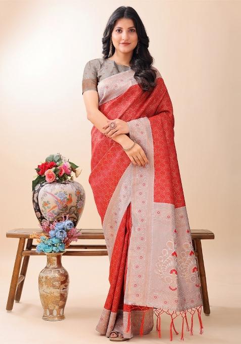 Red Zari Work Silk Saree Set