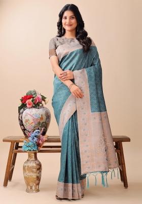 Teal Blue Zari Work Silk Saree Set