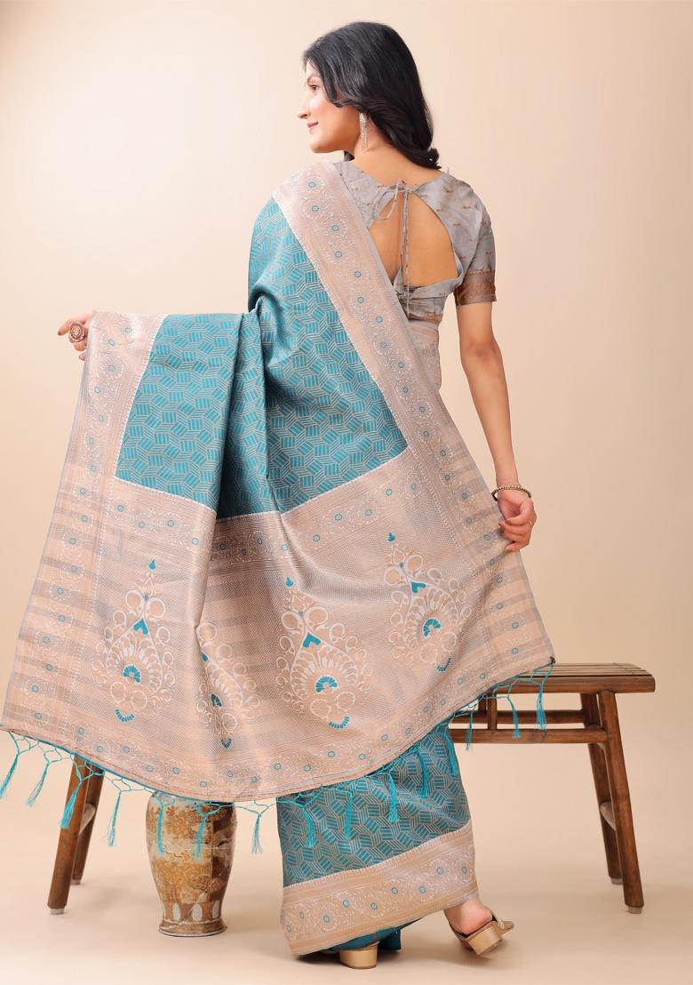Teal Blue Zari Work Silk Saree Set