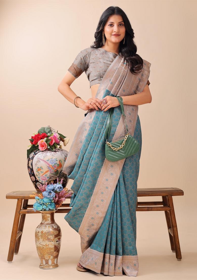 Teal Blue Zari Work Silk Saree Set