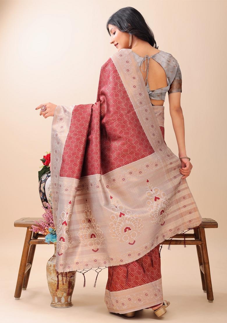 Maroon Zari Work Silk Saree Set