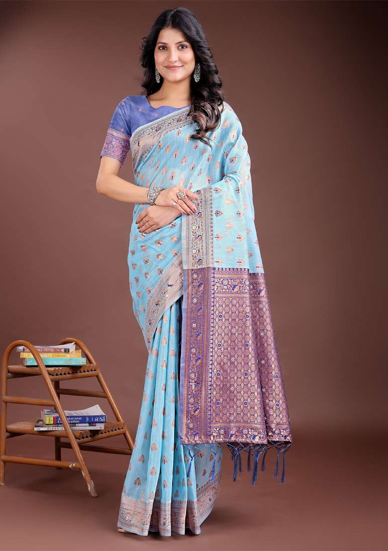 Sky Blue Zari Work Cotton Blend Saree Set - Indya