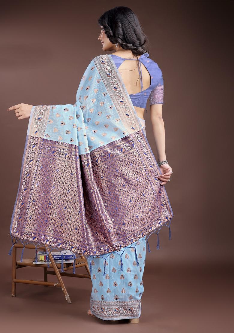 Sky Blue Zari Work Cotton Blend Saree Set