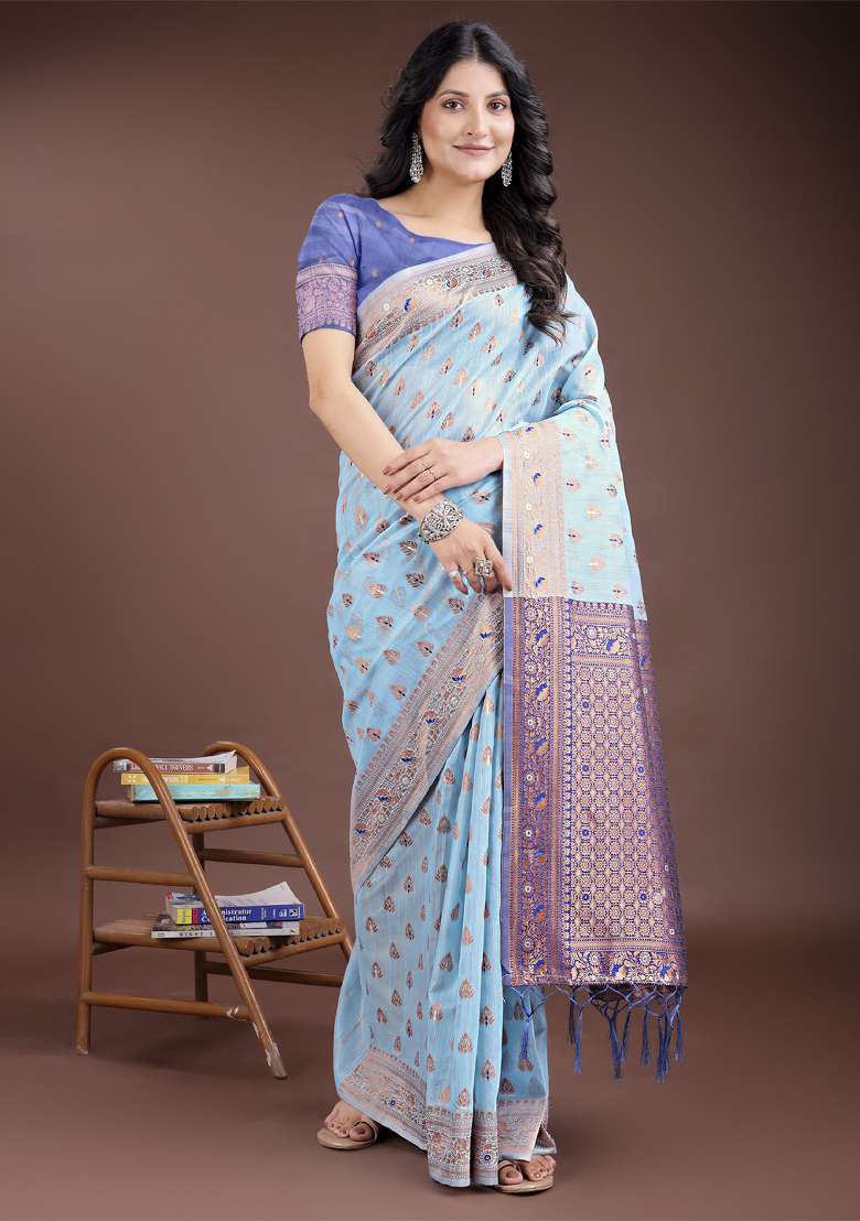 Sky Blue Zari Work Cotton Blend Saree Set - Indya