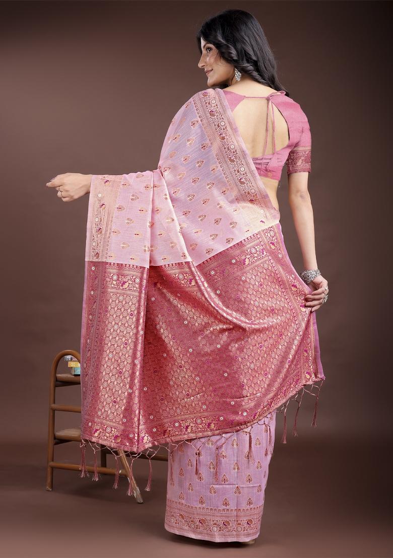 Pink Zari Work Cotton Blend Saree Set