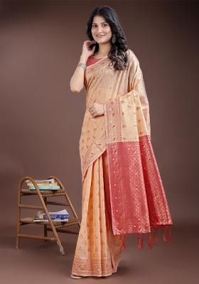 Orange Zari Work Cotton Blend Saree Set