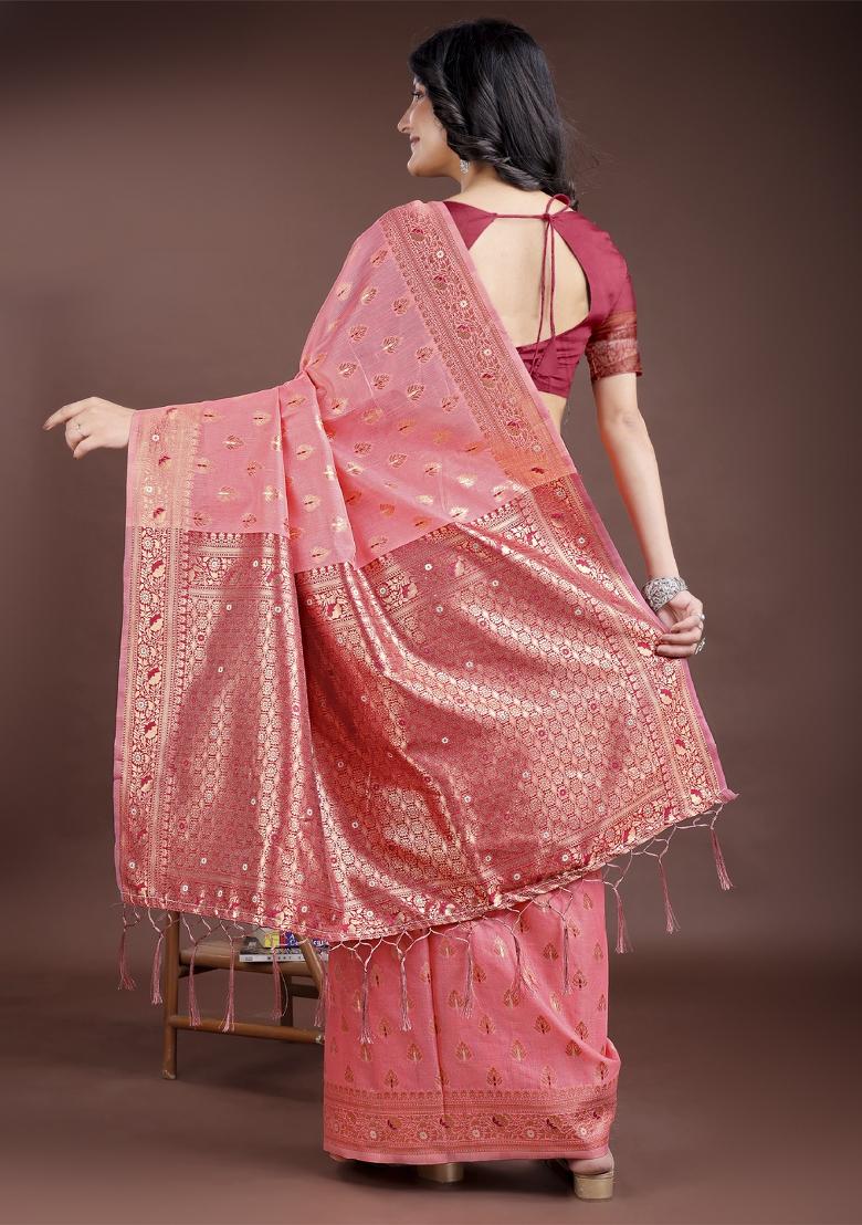 Peach Zari Work Cotton Blend Saree Set