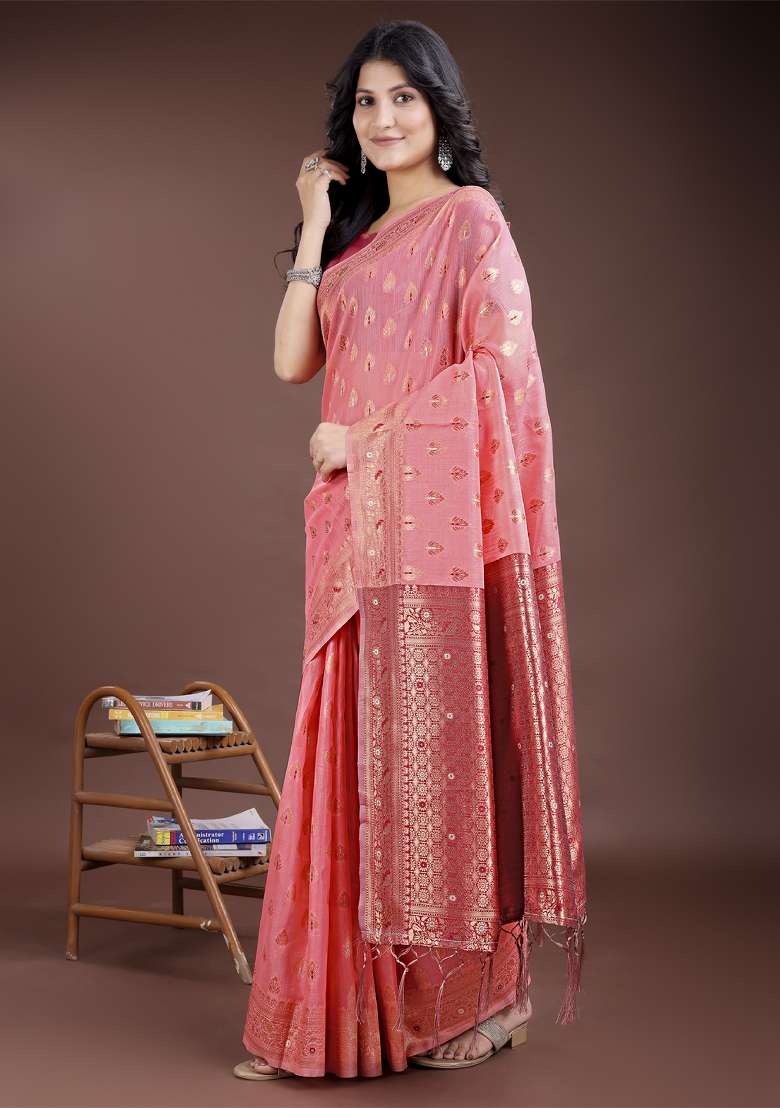 Peach Zari Work Cotton Blend Saree Set - Indya