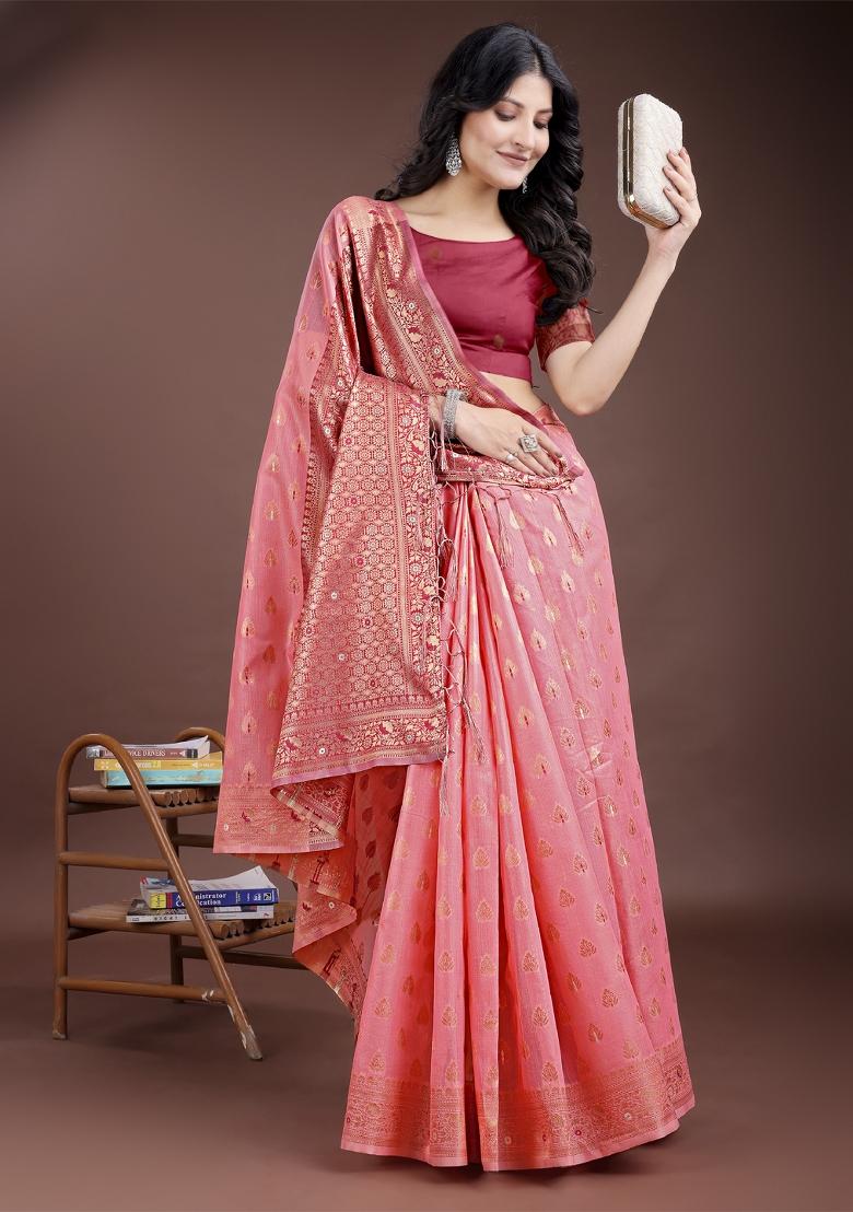 Peach Zari Work Cotton Blend Saree Set