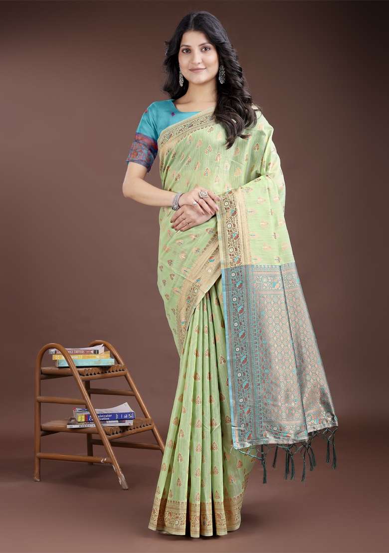Light Green Zari Work Cotton Blend Saree Set - Indya