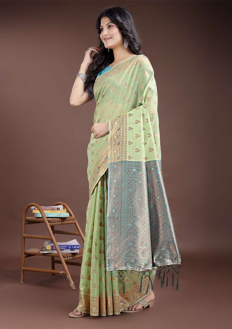 Light Green Zari Work Cotton Blend Saree Set - Indya