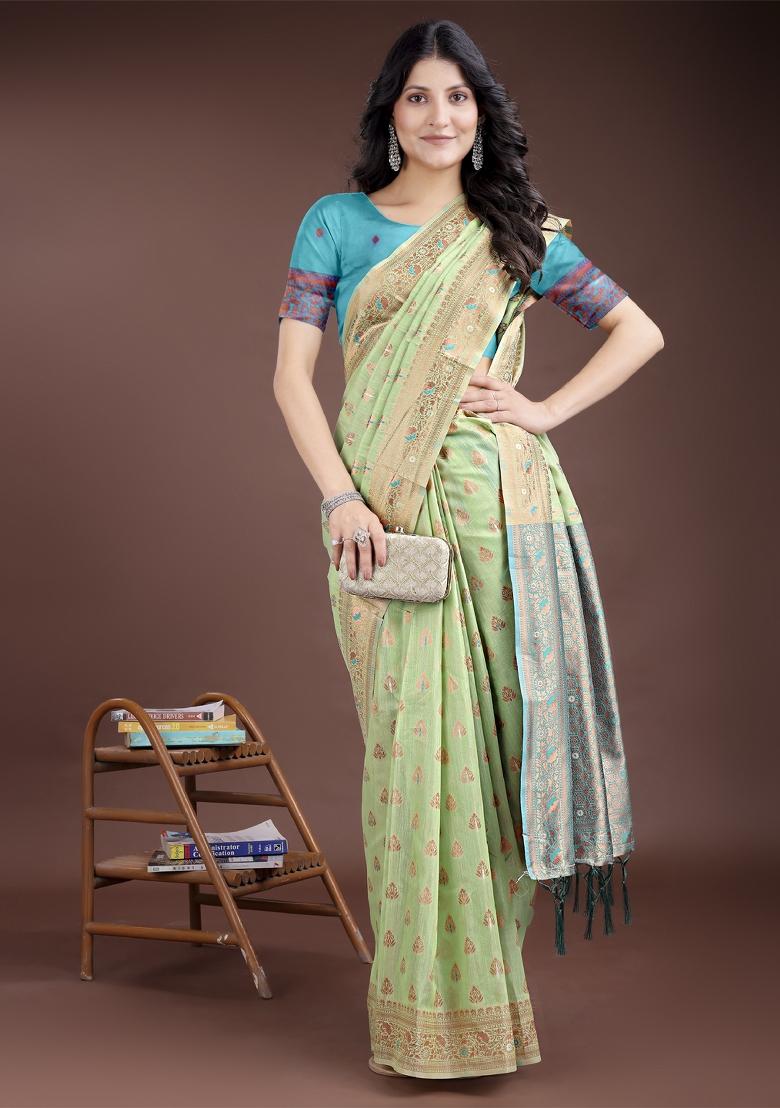 Light Green Zari Work Cotton Blend Saree Set