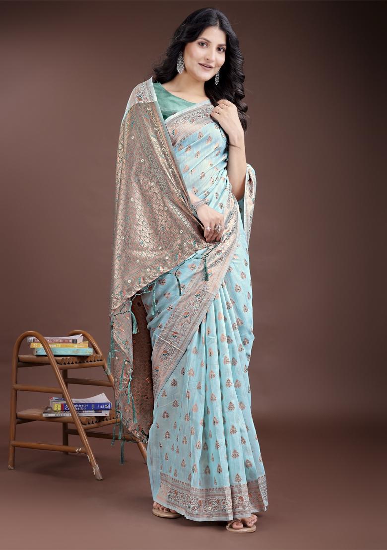 Sea Green Zari Work Cotton Blend Saree Set