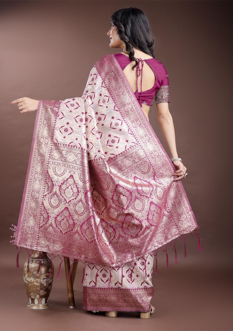 Pink Zari Work Cotton Blend Saree Set