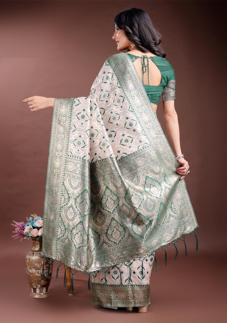 Green Zari Work Cotton Blend Saree Set