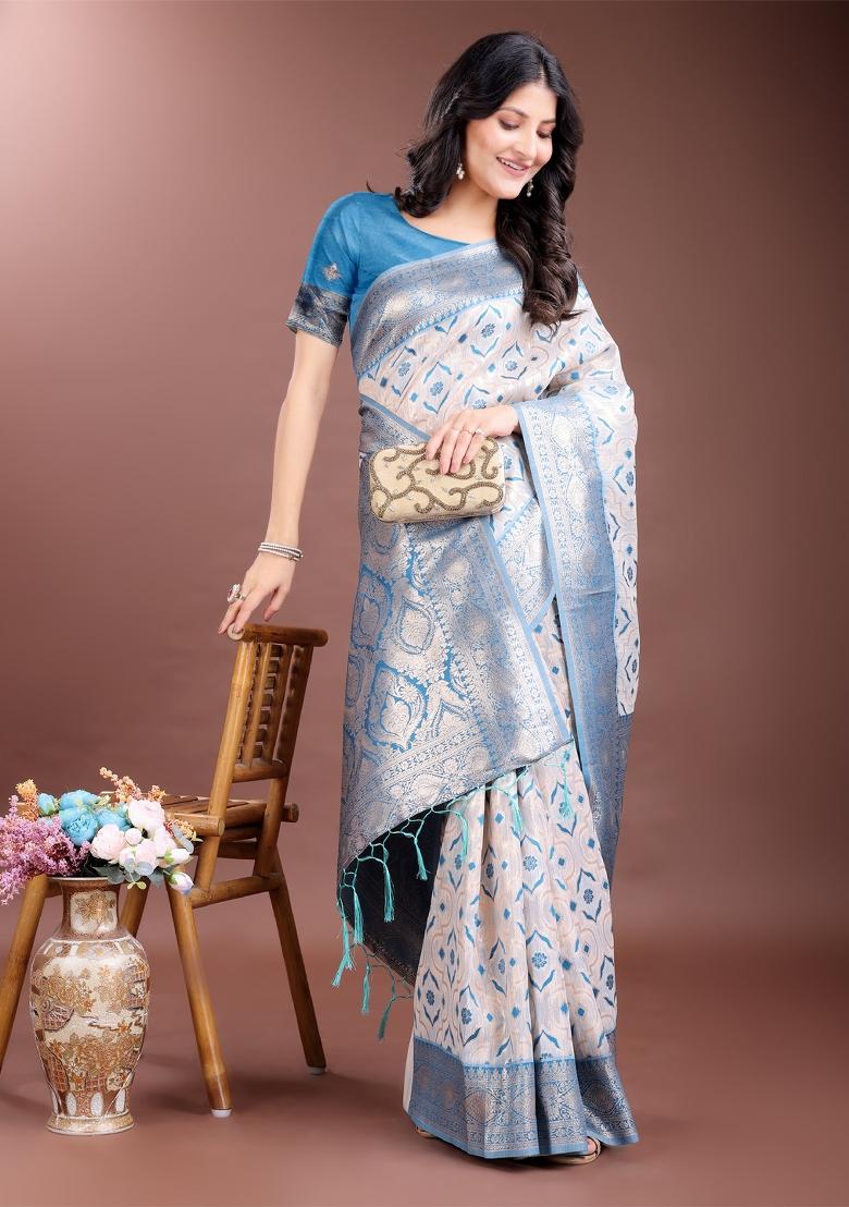 Sky Blue Zari Work Cotton Blend Saree Set