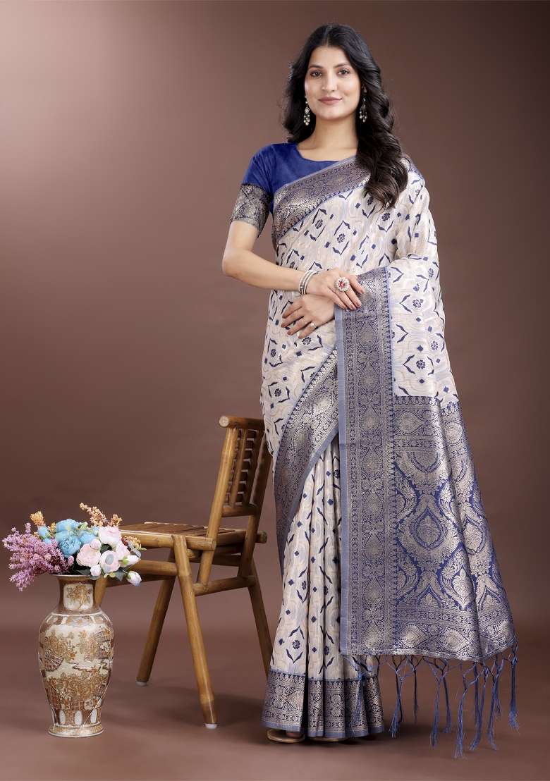 Navy Blue Zari Work Cotton Blend Saree Set - Indya