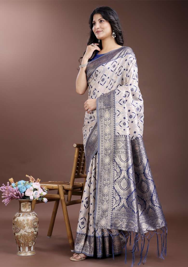 Navy Blue Zari Work Cotton Blend Saree Set - Indya